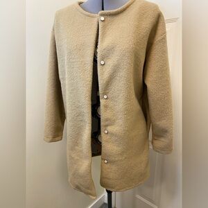 Camel Wool like jacket with round crew neck collarless button down sweater